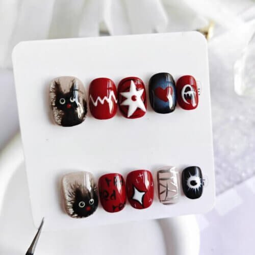Cute Black Cat Short Nail Art