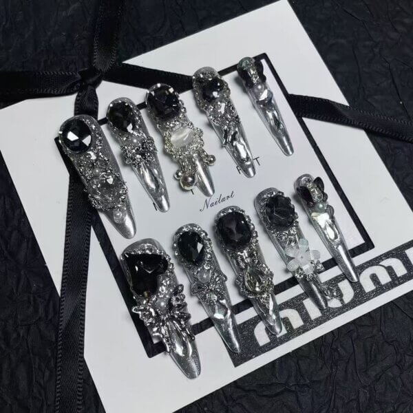 Sparkling Gemstone Goth Nail Art