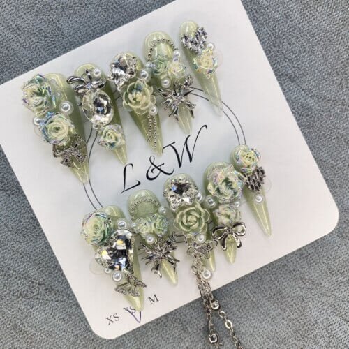 Green Butterfly Diamond Nail Art